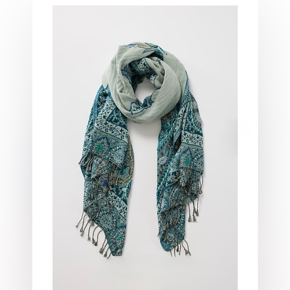 Jjill Hand Embroidered Jacquard Scarf in Blue Multi - Picture 2 of 4